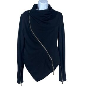 Marcella NYC Issa Sweatshirt Sz XS Black Cowl Neck Drap Front Assymetric Zip